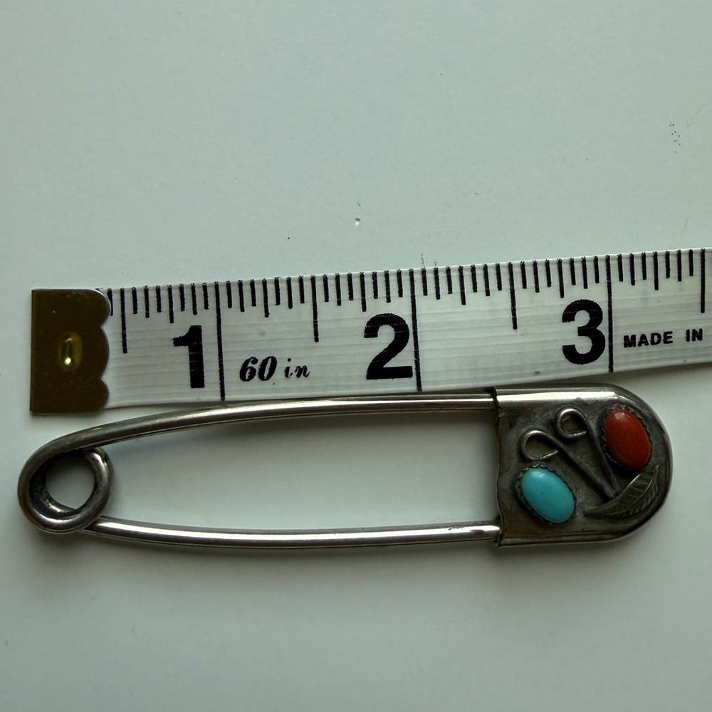 Vintage Pin Brooch Navajo Native American Sterling Silver Red Turquoise Boho - Picture 3 of 4
